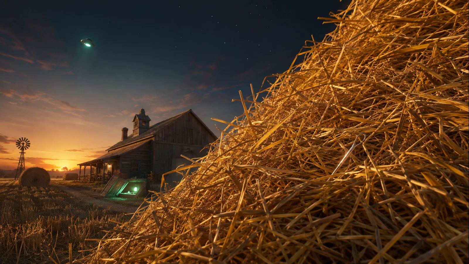 A silver needle hidden in a golden haystack beside a farmhouse and a glowing basement hatch